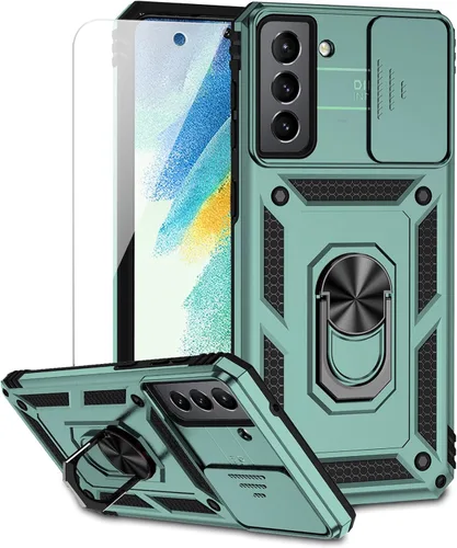 Vista 12 de Funda para Samsung Galaxy S21 FE 5G con cubierta para lente de cámara, protector de pantalla HD, soporte de anillo magnético con función de soporte