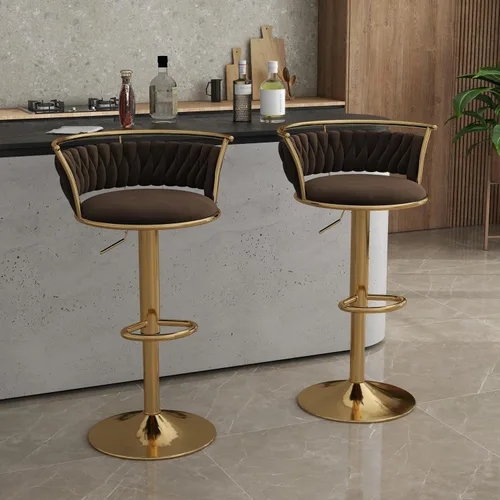 Vista 22 de Juego de 2 taburetes de bar giratorios de 360°, silla de bar de terciopelo ajustable a altura de mostrador moderna, taburete de metal plateado