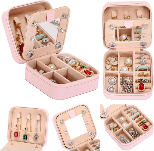 Vista 4 de Canboer Joyero pequeño de viaje, organizador de joyas, organizador de joyas, caja de artículos esenciales de viaje, regalos de cumpleaños