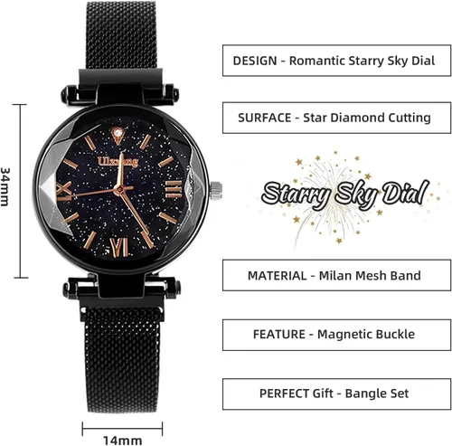 Vista 2 de Reloj de pulsera de cuarzo de lujo con esfera de cielo estrellado para mujer, reloj de malla magnética y pulsera