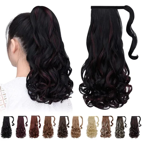 Vista 30 de Extensiones de cabello para cola de caballo, extensión de cola de caballo roja de 16 pulgadas, corta, ondulada, rizada, envolvente, cola de caballo