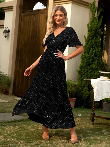 Vista 2 de Amegoya Vestido largo para mujer, para invitada de boda, con cuello en V, con purpurina, manga con vuelo, lentejuelas brillantes, vestido de dama