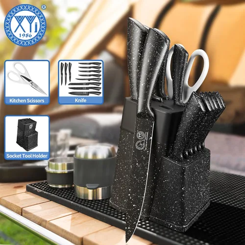 Vista 7 de XYJ juego de bloque con cuchillos de cocina, de acero inoxidable, con soporte, juego de cuchillos de chef profesional japonés, cuchillos para carne