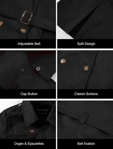 Vista 6 de CREATMO US - Gabardina clásica con solapa de doble botonadura para mujer sobretodo ceñido con cinturón y capucha desmontable
