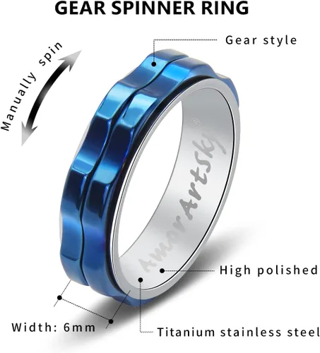 Vista 7 de AmorArtSky Anillos antiestrés para mujeres y hombres con ansiedad anillo giratorio de acero inoxidable de titanio, anillo para el pulgar, anillo
