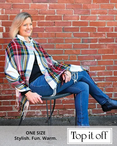 Vista 5 de Top It Off 3-in-1 Wrap - Womens Convertible Shawl - Versatile, Stylish Design - Button & Fringe Detail - Wear as a Poncho