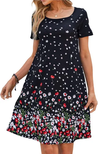 Vista 4 de Sherosa - Vestido de verano sin mangas o con manga corta, estampado floral, con bolsillos, casual, suelto, con vuelo, vestido estilo camiseta