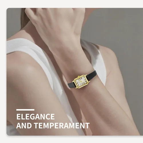 Vista 6 de LEO RING Relojes dorados para mujer, reloj analógico de lujo, delicado y moderno, pequeño, de cuero marrón, caja rectangular, esfera romana