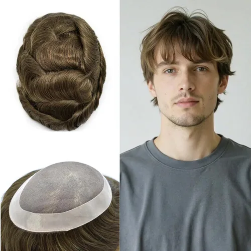 Vista 70 de Toupee de cabello humano fino mono revestido de poliéster para hombre, postizo de monofilamento duradero NPU monofilamento tupé para hombres