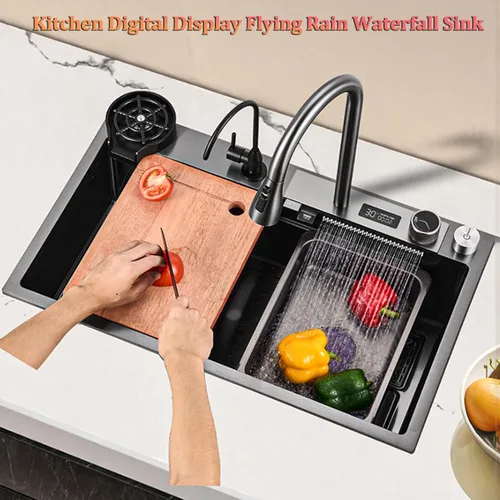 Vista 2 de Fregadero de cascada volador con pantalla digital, fregadero de cocina, fregadero de barra de acero inoxidable 304, con lavabos de copa, instalación