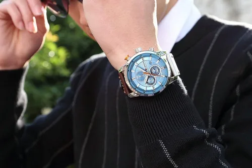 Vista 5 de Reloj deportivo con cronógrafo para hombre, correa de cuero marrón, reloj de cuarzo, reloj de pulsera casual para hombre, Completo negroacero.