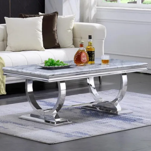 Vista 11 de Asday Mesa de centro plateada, mesa rectangular gris para sala de estar con base en U de metal espejo plateado, mesa de centro para sala de estar