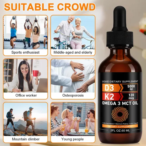 Vista 8 de Daiasns Vitamina D3 5000 UI y K2 (MK-7) 120 mcg 2.0 fl oz gotas con aceite MCT Omega 3, suplementos líquidos de vitamina D3 y K2 - Suministro de 2