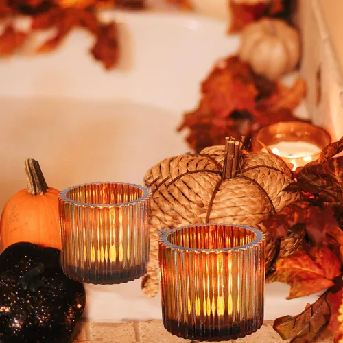 Vista 4 de VOHO Portavelas votivas para velas de boda, juego de 6 portavelas de vidrio ámbar, candelabros a granel para decoración de bodas, centro de mesa