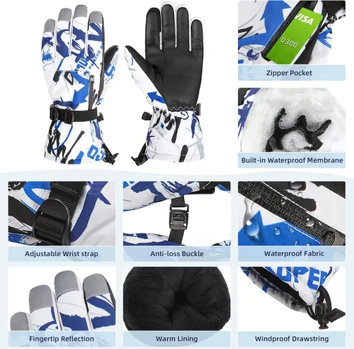 Vista 2 de Zando Guantes de nieve para niños y niñas, guantes impermeables de invierno, guantes de esquí para niños, guantes de viento cálidos
