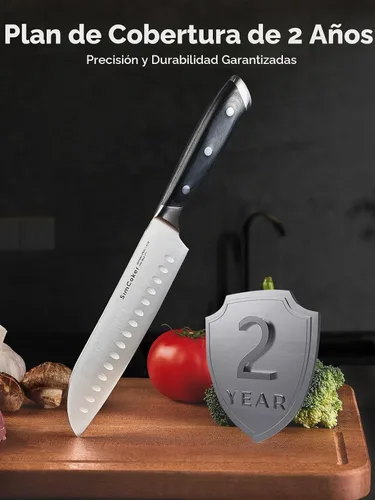 Vista 7 de Santoku - Cuchillo de 7 pulgadas, hoja alemana de acero inoxidable, cuchillo de corte profesional, mango ergonómico de madera de Pakkawood