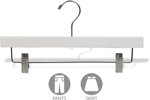 Vista 3 de Percha de madera blanca para pantalones con clips de cojín ajustables, caja de 50 perchas de fondo de madera plana con gancho giratorio cromado