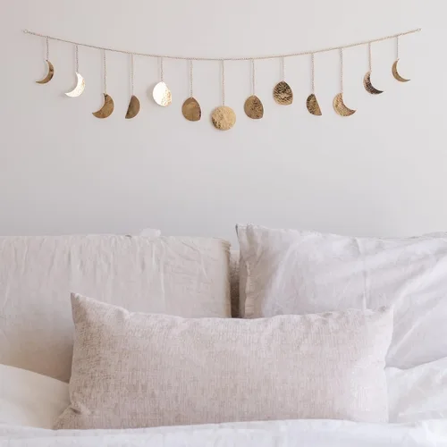 Vista 10 de BASE ROOTS Decoración de pared de fase lunar, arte de pared dorado para dormitorio, bohemia y astrología, estética de bruja 86 cm 7 fases de luna