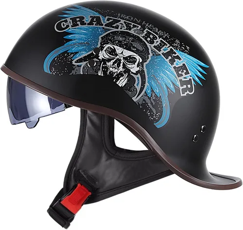 Vista 13 de Casco de motocicleta retro de media cara aprobado por DOT para hombres y mujeres adultos, estilo vintage alemán, con diseño de calavera