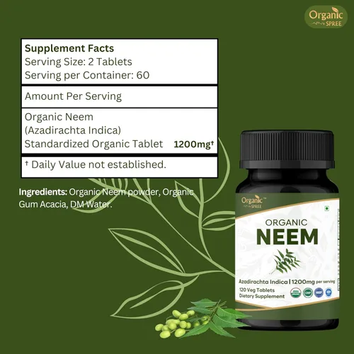 Vista 4 de ORGANIC SPREE Neem 120 tabletas Azadirachta Indica (Neem) Certificado orgánico USDA Piel sana y desintoxicación* Suplemento dietético - 120