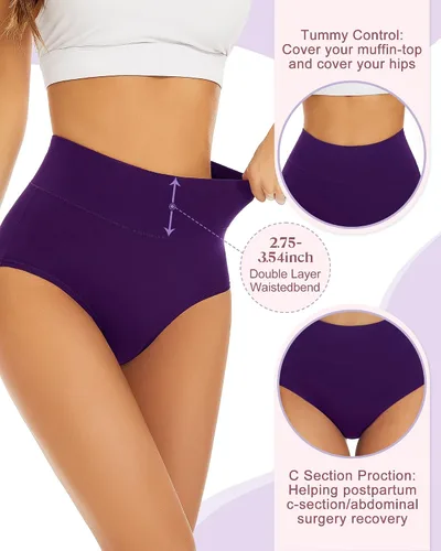 Vista 4 de Sunm Boutique Ropa interior de algodón para mujer, de cintura alta, cobertura completa, bragas, talla grande, paquete de 3457
