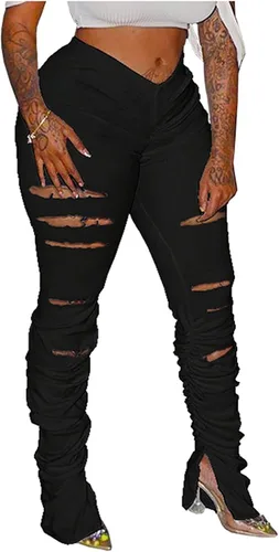 Vista 4 de Avanova Womens High Waist Distressed Stacked Leggings Skinny Long Pants