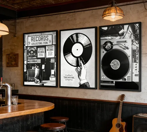 Vista 4 de Póster de música retro, 3 unidades, arte de pared, fotografía en blanco y negro, tienda de discos de vinilo preparados, pintura, pintura, decoración