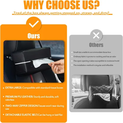 Vista 7 de Car Tissue Holder for 120-160-230 Count Kleenex Facial Tissues Box - Waterproof Zipper Cover, Soft Black Leather with Adjustable Strap, Ideal for