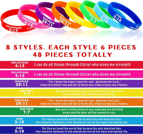 Vista 2 de Chalyna 48 pulseras con versículos bíblicos motivacionales, pulseras de goma cristianas a granel, pulseras inspiradoras de las Escrituras cristianas