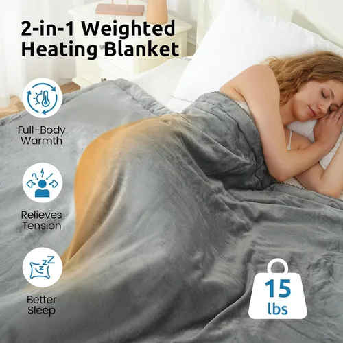 Vista 2 de Drewin Manta térmica con peso, manta eléctrica de forro polar Sherpa de 15 libras para adultos, calentamiento rápido, mantas