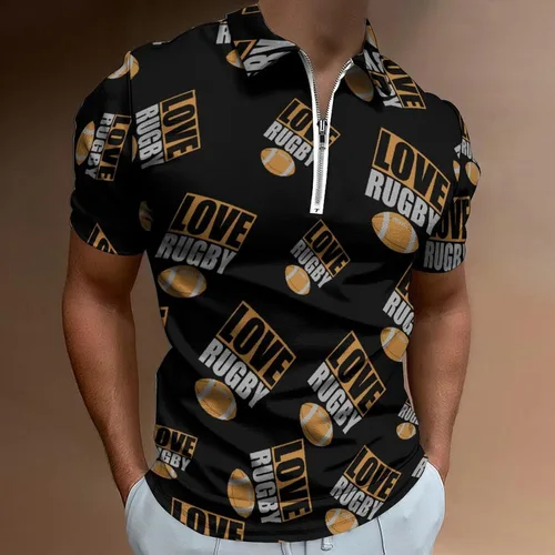 Vista 2 de Love Rugby Football Men's Polo Shirts Casual Short Sleeve Golf Polo Shirts Zippered Polo T Shirts Tops