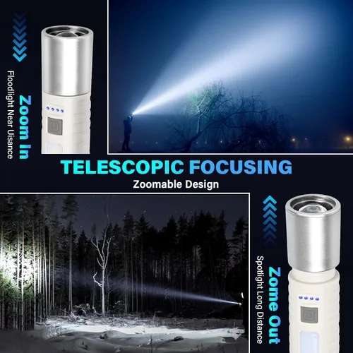 Vista 4 de Pequeña linterna LED recargable, luz de mano ultraligera de 500 lm con luz lateral COB, zoomable, 4 modos, USB-C, perfecta para campamento, corte