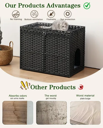 Vista 3 de SETVSON Muebles de caja de arena para gatos, caja de arena oculta, armario de arena para gatos con 2 alfombrillas de arena, casa de gato tejida a