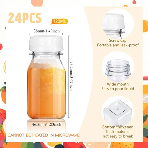 Vista 2 de Tanlade 24 botellas pequeñas de plástico de 4 onzas con tapas, recipientes transparentes reutilizables para jugos, licuados, chupitos de jengibre