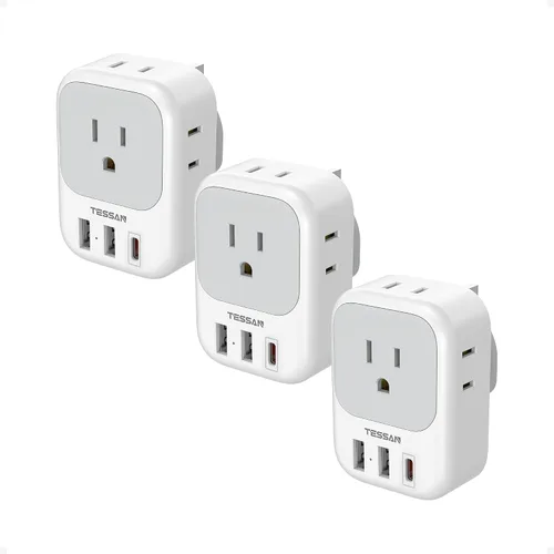 Vista 8 de TESSAN Adaptador de Enchufe de Viaje Europeo USB C Paquete de 3, Adaptador de Enchufe de EE.UU. a Europa con 4 Tomas de CA 3 Puertos de Carga USB
