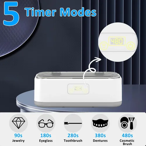 Vista 3 de Limpiador ultrasónico de joyas, máquina ultrasónica de 49 KHz, máquina de limpieza ultrasónica de 27.1 fl oz con 5 modos de temporizador, limpiador