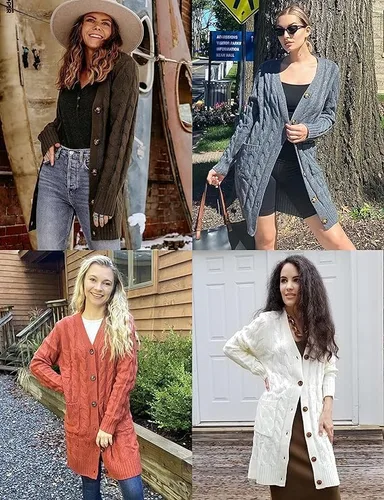 Vista 5 de MEROKEETY - Cárdigan largo de punto trenzado para mujer, suéter tejido de manga larga, abierto por delante y con botones, ropa para exteriores