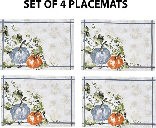 Vista 2 de Newbridge Blue Pumpkin Vines - Juego de 4 manteles individuales de tela con bordes lavados a piedra, Acción de Gracias y otoño, juego de 4 manteles