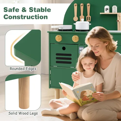 Vista 4 de Costzon Juego de cocina para niños, cocina con estufas, grifo, fregadero, microondas, gabinete, horno y accesorios de cocina, cocina de madera