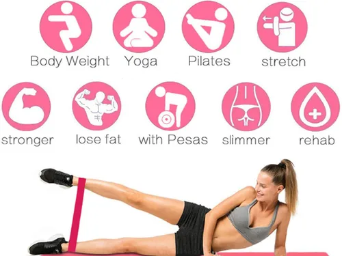 Vista 4 de Juego de 5 bandas de resistencia para yoga, color rosa, degradado, para yoga, ejercicio, gimnasio, deportes, bandas elásticas para fitness