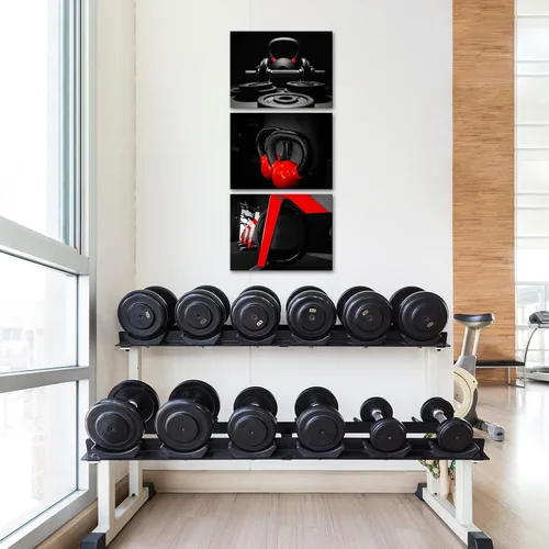 Vista 3 de Muzenso - Juego de 3 lienzos de pared de 12 x 16 pulgadas, impresiones de arte de fitness con mancuernas con pesas rusas giratorias, decoración