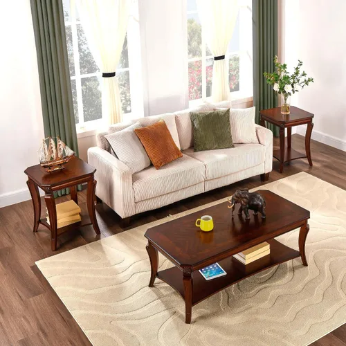 Vista 3 de Mesa auxiliar tradicional con estante de almacenamiento y patas talladas, mesas de sala de estar de granja, mesa central rectangular de madera