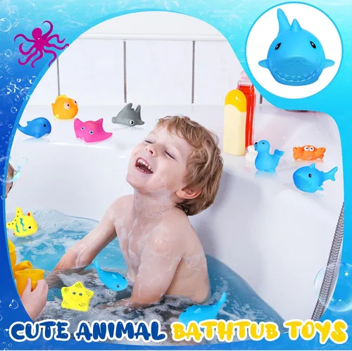 Vista 3 de Poen 100 juguetes de baño de goma a granel, lindos animales marinos, juguetes flotantes, animales chirriantes para fiestas de cumpleaños, regalos
