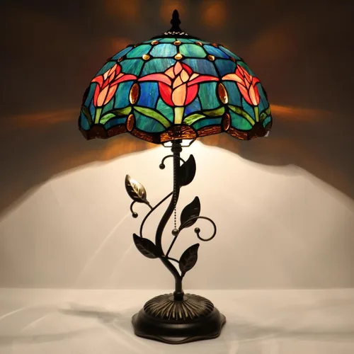 Vista 9 de Tiffany Table Lamp, Pink Stained Glass Desk Light, W12H19 Inch, Metal Leaf Base (Pink Baroque Style)
