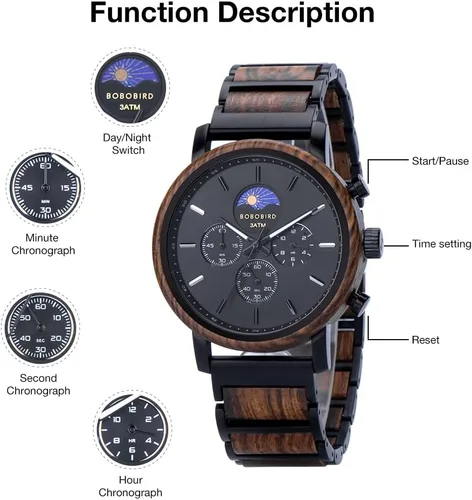 Vista 3 de 2win Reloj de madera personalizado para hombres, marido, reloj de pulsera de madera grabado personalizado con patrón de conversión de día y noche