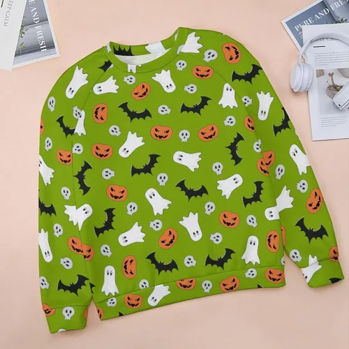 Vista 4 de QANSI Sudadera de Halloween para mujer, cuello redondo, talla grande, estampada, de gran tamaño, casual, holgada, de manga larga