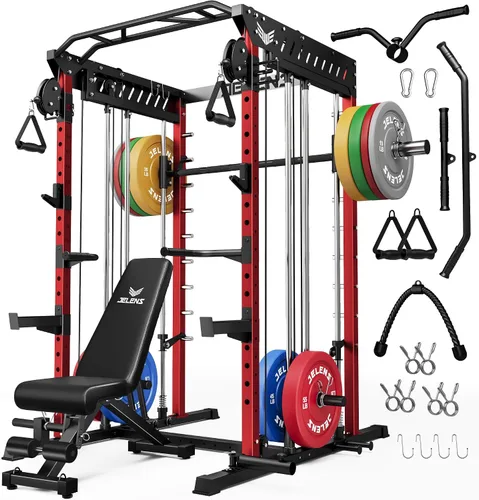 Vista 11 de JELENS M21 - Máquina Smith, jaula de potencia multifunción con sistema de cruce de cable de polea doble, banco de sentadillas todo en uno de 907 kg