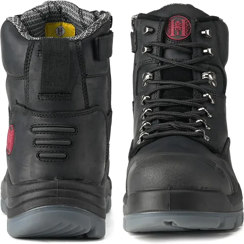 Vista 3 de Botas de trabajo para hombre, puntera compuesta, cremallera YKK, 6 pulgadas, antideslizantes, de seguridad, de cuero de caballo loco, disipación