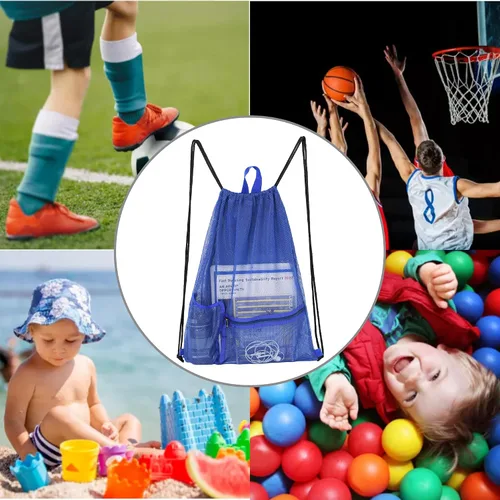 Vista 6 de Bolsa de malla con cordón resistente, mochila de gimnasio con soporte para botellas para bolas, natación, juguetes de playa, Azul, Deportes