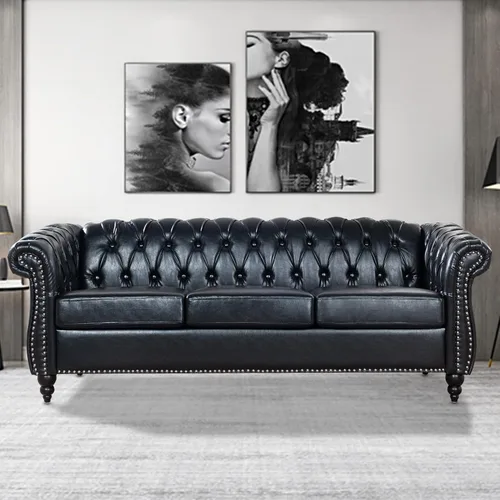 Vista 3 de Chesterfield Sofás para sala de estar, brazo enrollado negro de 3 plazas, cuero sintético de 84 pulgadas, sofá grande con botón profundo con cabeza